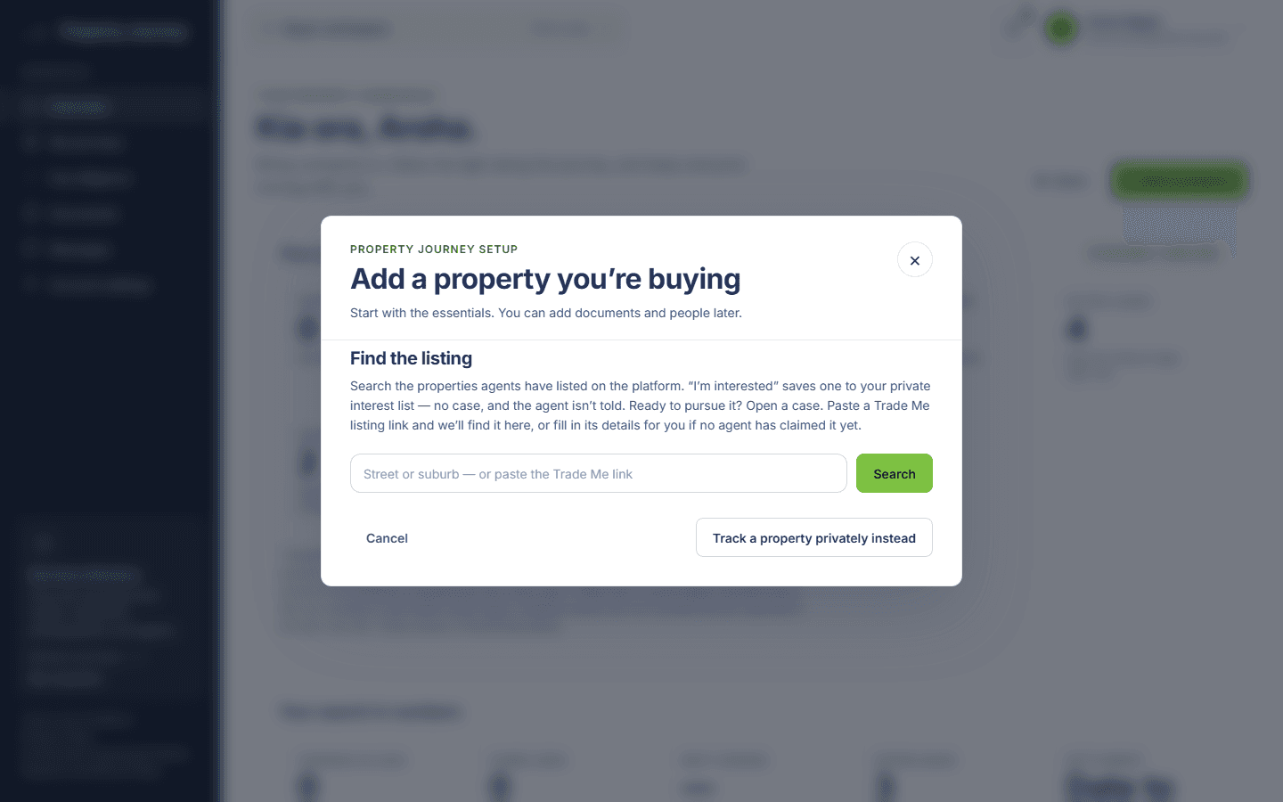 Adding a property to buy: search the listings on the platform or paste a Trade Me link